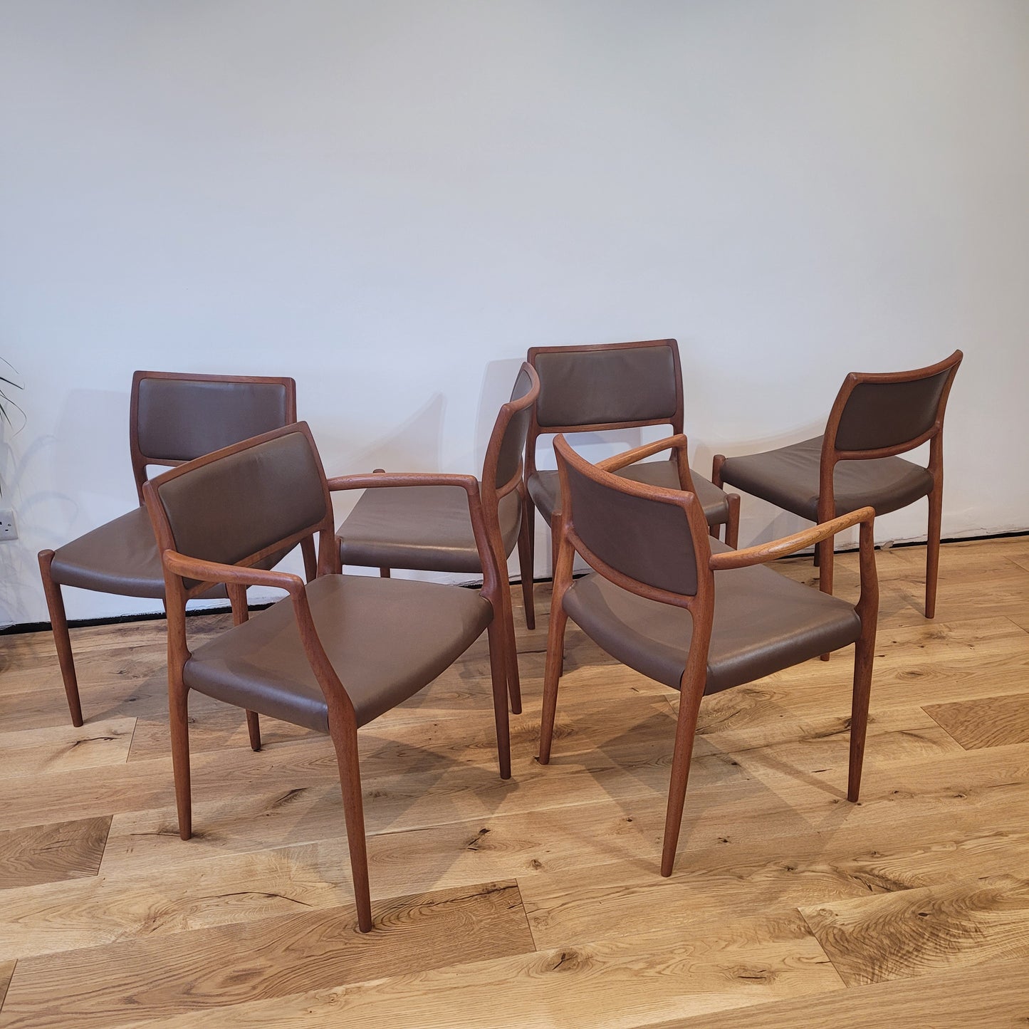 Møller model #65 & #80 teak and leather dining chairs set of 6