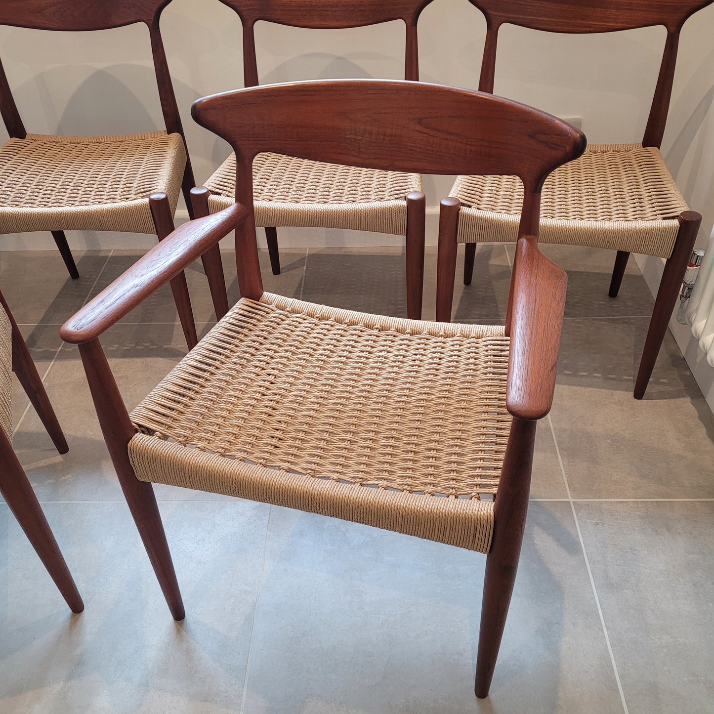 Arne Hovmand Olsen for Mogens Kold Teak dining chair set of 6 with natural Paper Cord seats