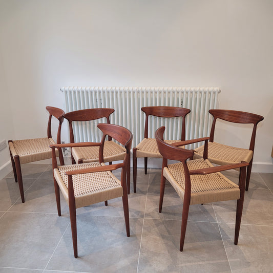 Arne Hovmand Olsen for Mogens Kold Teak dining chair set of 6 with natural Paper Cord seats