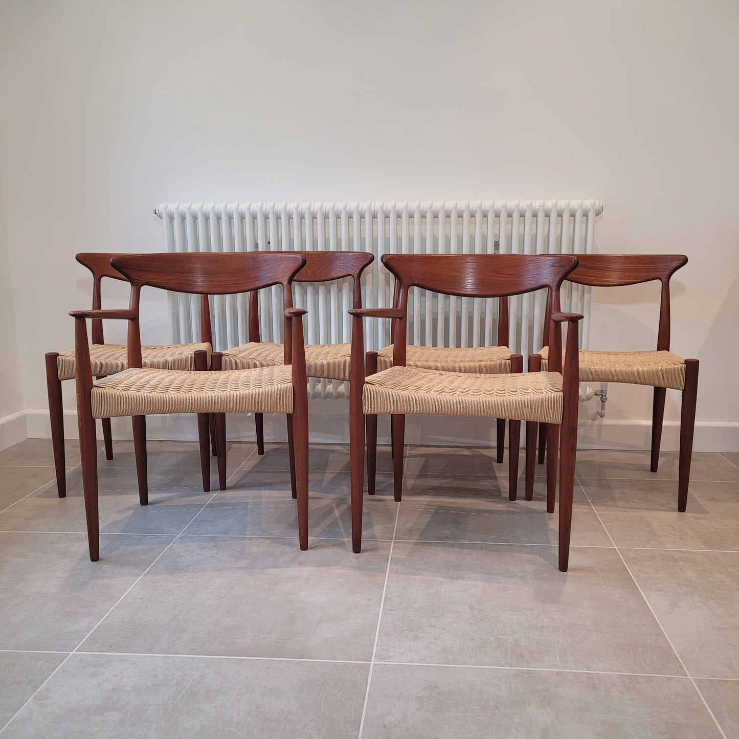 Arne Hovmand Olsen for Mogens Kold Teak dining chair set of 6 with natural Paper Cord seats