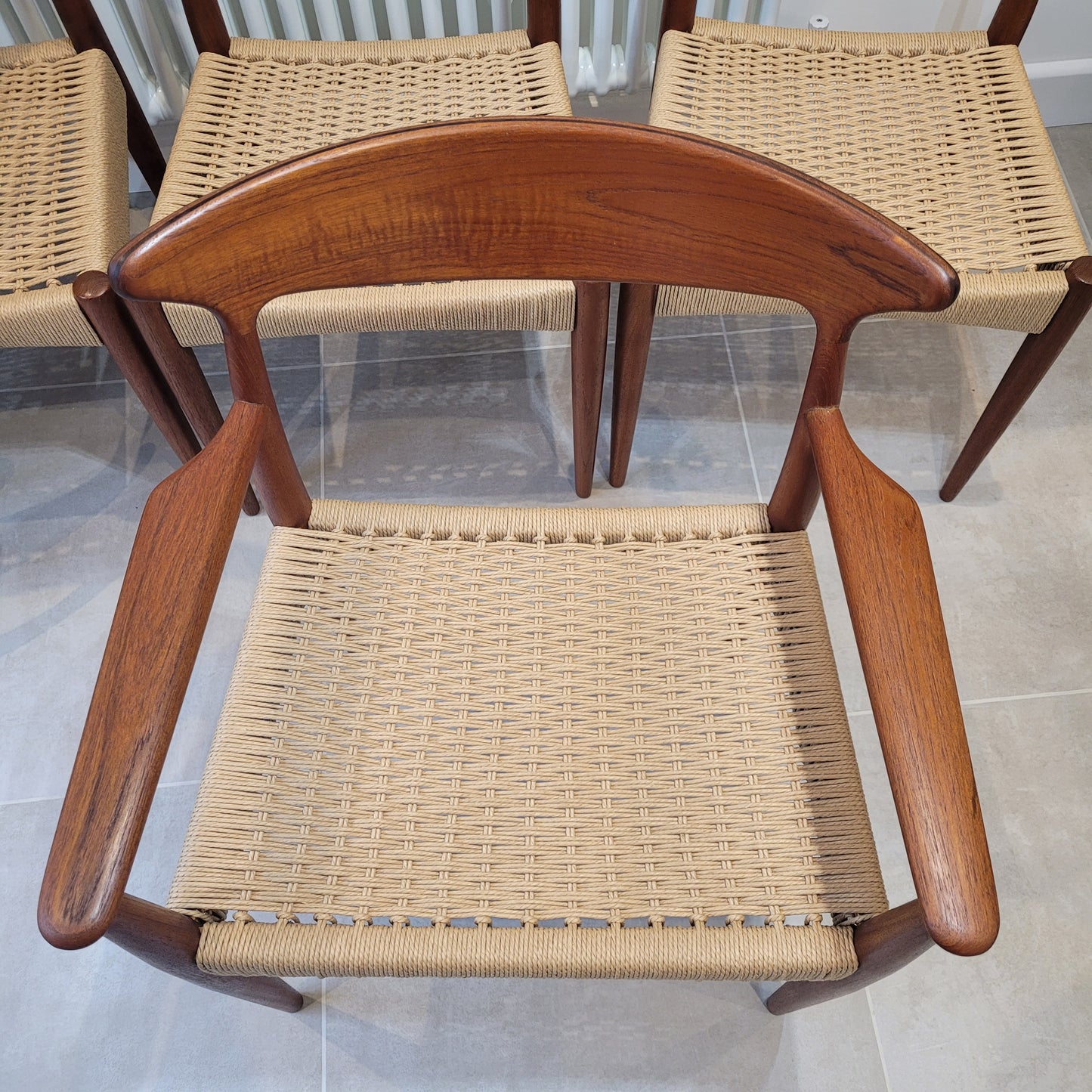 Arne Hovmand Olsen for Mogens Kold Teak dining chair set of 6 with natural Paper Cord seats