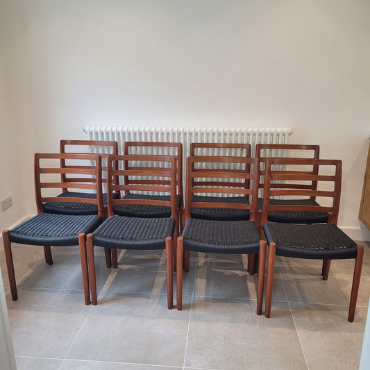 Set of 8 Niels Otto Møller #85 Teak chairs black paper cord seat